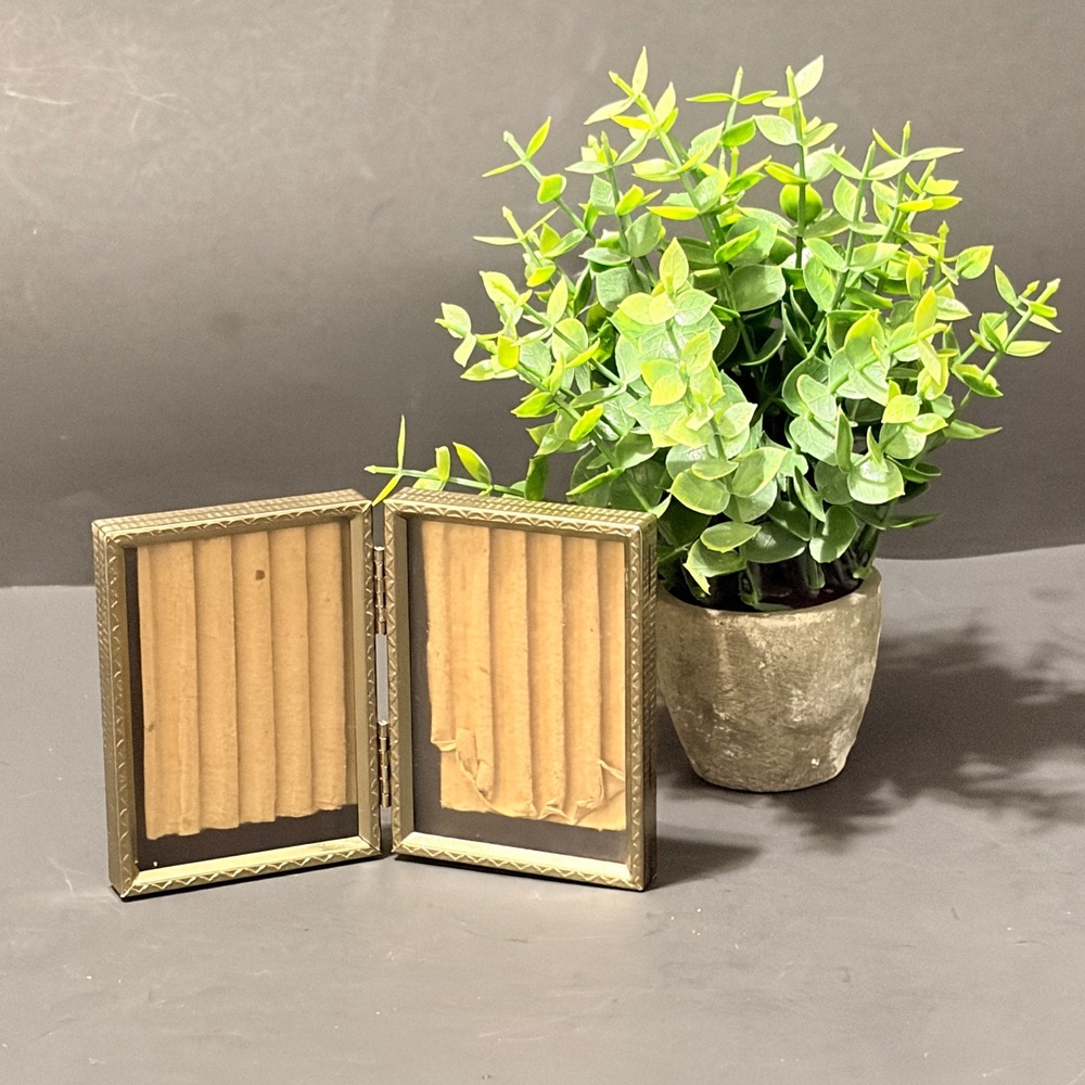 Vtg Mini Gold Tone Metal Double Folding Picture Frame Hinged Bifold 2.5x3.5